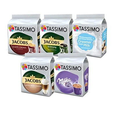 Abbildung von TASSIMO Creamy Kaffee Paket Jacobs Krönung Crema Milka 5 Packungen 64 Portionen