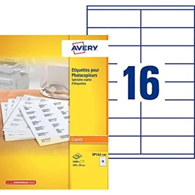 Abbildung von Avery Packung mit 1600 Mehrzweck Etiketten, selbstklebend, Format 105 x 35 mm, Kopierer (DP165 100)