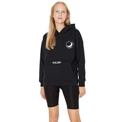 Abbildung von TRENDYOL Damen Hood with Slogan Relaxed Sweatshirt, Schwarz, S