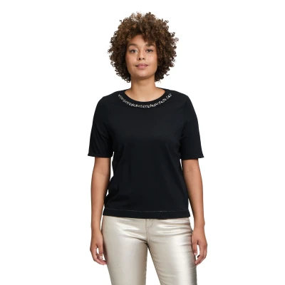 Abbildung von Cartoon MIT Rundhalsausschnitt Tshirt print, Damen, Größe: 34, Patch black silver