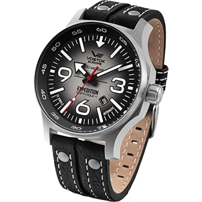 Abbildung von Vostok Europe YN55 Expedition Nordpol 1 Herrenuhr mit Multinieten, Lederarmband, automatisches Datum, grau/schwarz, Riemen