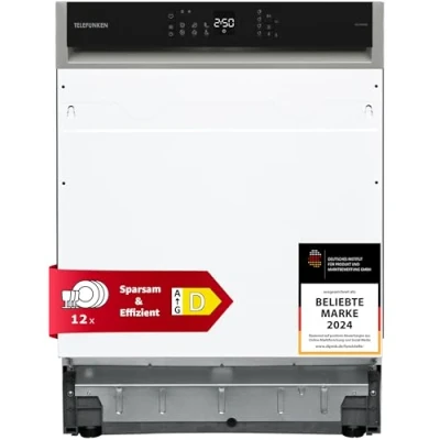 Abbildung von Telefunken Geschirrspüler 60 cm teilintegrierbar, Einbau Spülmaschine, 12 Maßgedecke, 6 Programme, AquaStop, Startzeitvorwahl, Auto Door, leise 45 dB, Eco, höhenverstellbar, Besteckkorb, GET6012DI