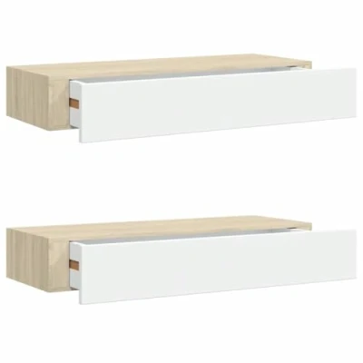 Abbildung von vidaXL 2X Wand Schubladenregal Wandschublade Schweberegal Hängeregal Wandschrank Wandboard Wandregal mit Schublade Eichenoptik Weiß 60x23,5x10cm MDF