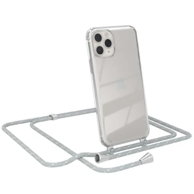Abbildung von EAZY CASE Handy Chain kompatibel mit iPhone 11 Pro, Handykette Tasche transparent, Stoßfeste Soft Silikon TPU, Stylische Kette Hülle für Smartphone, Grau/Weiß Verschlüssen in Silber