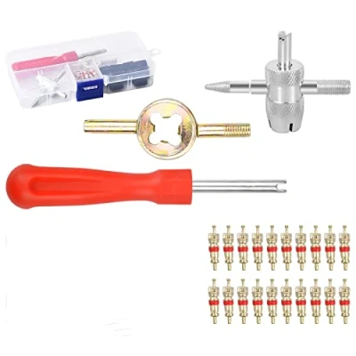 Abbildung von 33 Pcs Ventileinsatz Reifen Set, 20 Ventilkern Kupfer, 10 Reifenventilkappen, 4 in 1 Reparatur Werkzeug, Reifenventilentferner Fahrrad, Reifenventil Werkzeug Set für Auto Motorrad