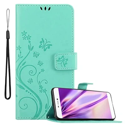 Abbildung von Cadorabo Hülle kompatibel mit Huawei P8 Blumen Design aus Premium Kunst Leder Flip Klappbare Stoßfeste Magnetische [Standfunktion] [Kartenfächern] Cover für Tasche in Türkis