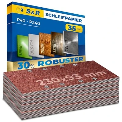 Abbildung von S&amp;R Schleifpapier Klett Profi Set 93 mm x 230 für Schleifmaschine, (Set, 35 St., je 5x : P40, P60, P80, P120, P240), geeignet von Metallen, Stahl, Legierungen, Holz, Kunststoffe