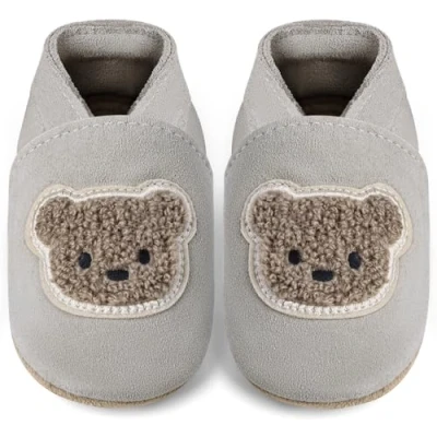 Abbildung von IceUnicorn Baby Lauflernschuhe Krabbelschuhe Mädchen Jungen Lederschuhe Weicher Leder Hausschuhe Wildledersohlen Babyschuhe(Grauer Bär, 0 6 Monate)