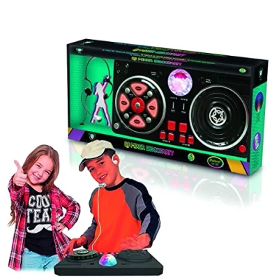 Abbildung von Deqube 916D00040 DJ Mischpult mit verschiedenen Basen und Disco Effekten, inklusive Leuchtkugel, Helmen Mikro Verbindung zu Geräten, +5 Jahre, Größe 39 x 4 20 cm