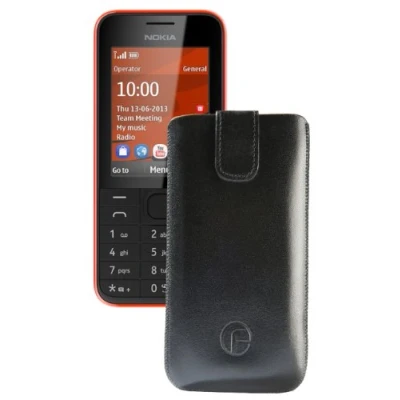 Abbildung von Original Favory Etui Tasche für / Nokia 208 Dual SIM Leder Handytasche Ledertasche Schutzhülle Case Hülle Lasche mit Rückzugfunktion in schwarz