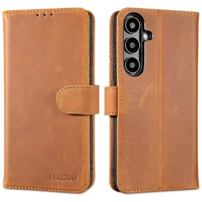 Abbildung von LENSUN Echtleder Hülle für Samsung Galaxy S24 Plus 5G, Handyhülle Echtes Leder [RFID Schutz] [Kartenfach] Lederhülle Handytasche S24+ Vintage Braun