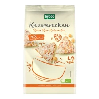 Abbildung von Byodo Bio Knusperecken Roter Reis Kichererbse Vegan &amp; Glutenfrei Nussig Orientalischer Snack 50% Weniger Fett Ideal für Hummus Curry Mango Sauce 90g Knusprig, Hefefrei, Ohne Zuckerzusatz