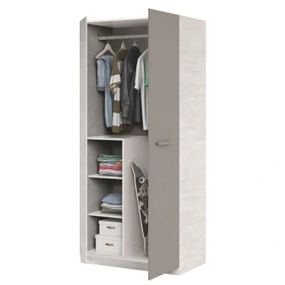 Abbildung von Dreitüriger Kleiderschrank mit Kleiderstange und drei Innenböden, Holzoptik weiß braunem Türdetail, Maße 90 x 200 52 cm