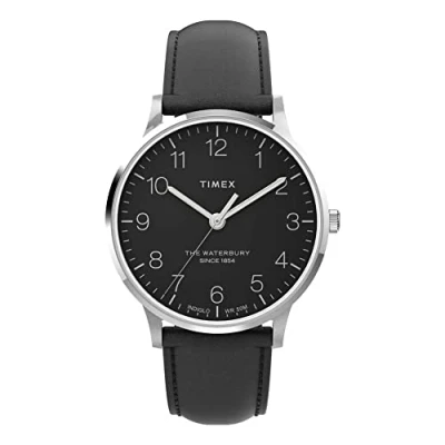 Abbildung von Timex Waterbury 40mm Herrenuhr Edelstahlgehäuse mit Schwarzem Zifferblatt und Lederarmband TW2V01500