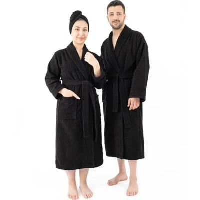 Abbildung von Hammetex Bademantel 100% Baumwolle Unisex für Damen und Herren, Hochwertig 400 g/m² Qualitat Weich Saugfähig Frottee Paare mit Taschen, Schwarz