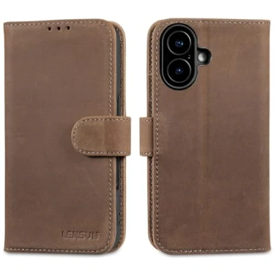 Abbildung von LENSUN Echtleder Hülle für iPhone 16, Handyhülle [Echtes Leder][Kartenfach][RFID Blocker] Handytasche Flip Lederhülle Kompatibel mit 16 5G Vintage Dunkelbraun