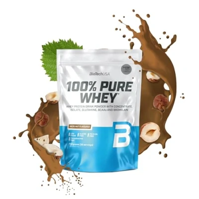Abbildung von BioTechUSA 100% Pure Whey Proteinpulver mit BCAA und Glutamin Glutenfrei, Palmölfrei 21g Protein pro Portion, 454 g, Haselnuss