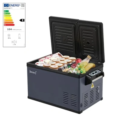 Abbildung von in.tec Auto Kühlbox Alberona Kompressor Kühlschrank 35 L elektrisch Gefrierschrank für Autos und Steckdose 12/24 V Gefriertruhe tragbar Stahl Blaugrau