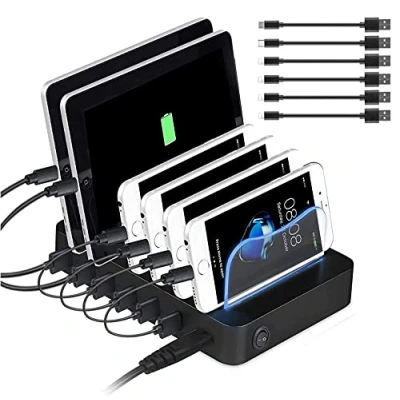 Abbildung von PRITEK USB Ladestation mit kurzen Kabeln für mehrere Geräte 50W/10A 6 Ports Organizer Mobiltelefon Tablet Kopfhörer MP4 und andere fähige (Schwarz)