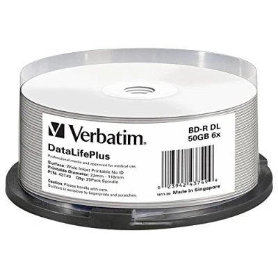 Abbildung von Verbatim BD R DL Blu ray Rohlinge 50 GB, Disc mit 6 facher Schreibgeschwindigkeit, 25er Pack Spindel, großflächig bedruckbar, Disks für Video und Audiodateien