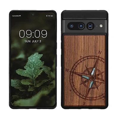 Abbildung von kwmobile Hülle kompatibel mit Google Pixel 7 Pro Holz Case Handy Cover TPU Handyhülle in Dunkelbraun Vintage Kompass Perlmutt