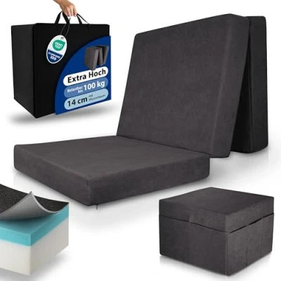 Abbildung von Beautissu Premium L Klappmatratze 75x195cm Gästebett faltbar inkl. Husse extra dick 14cm Visco Matratze optimaler Härtegrad H3 hoher Schlafkomfort waschbar Gästematratze klappbar Anthrazit