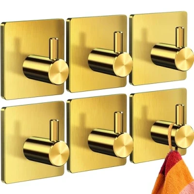Abbildung von 4happy Handtuchhaken ohne Bohren 6er Pack Handtuchhalter Gold, Klebehaken Edelstahl wasserfest, Haken selbstklebend als Handtuchhaken, Badezimmer Handtuchhalter, funktionale