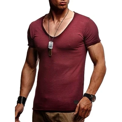 Abbildung von Leif Nelson Sommer T Shirt Herren V Ausschnitt (Bordeaux, Größe XXL) Coole Tshirts Neck Baumwolle Basic Shirts Männer Kurzarm tiefem