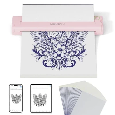 Abbildung von MUNBYN Tattoo Drucker Bluetooth Stencil Printer für Haut Tattoodrucker mit 20 Blatt A4 Transferpapier Thermodrucker Tattoo, Kompatibel Android iOS Mac, ITP05, Rosa