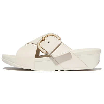 Abbildung von Fitflop Pantolette &quot;LULU RESIN BUCKLE LEATHER CROSS SLIDES&quot;, Plateauschuh, Sandale in schmaler Form
