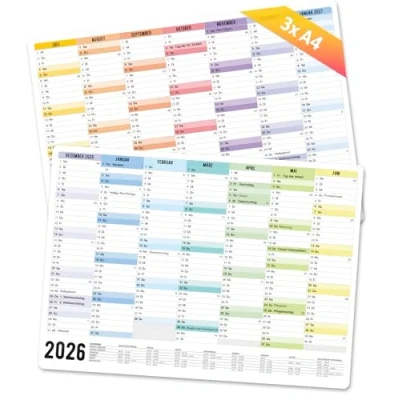 Abbildung von Premium Tafelkalender 2026 A4 quer 14 Monate mit Ferien &amp; Feiertagen, fester Karton Jahresplaner, Wandkalender, Jahreskalender &quot;Rainbow&quot; Dezember &#039;25 bis Januar &#039;27 (A4 2026)