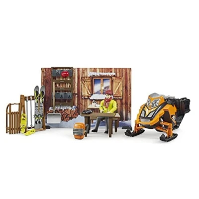 Abbildung von bruder 63102 Bworld Berghütte mit Snowmobil &amp; Figur 1:16 Schneemobil Skifahrer Winter Spielzeug Themenset