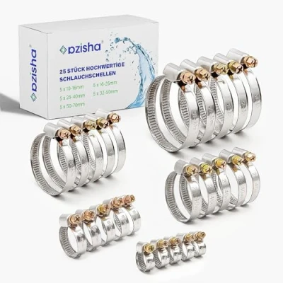 Abbildung von AZISHA Schlauchschellen Set 25x mit 5x Größen aus Rostfreiem Edelstahl Schlauchschelle 9mm für Pool Waschmaschine Auto Kfz (1070mm 5 MultiSet 25 Stück)