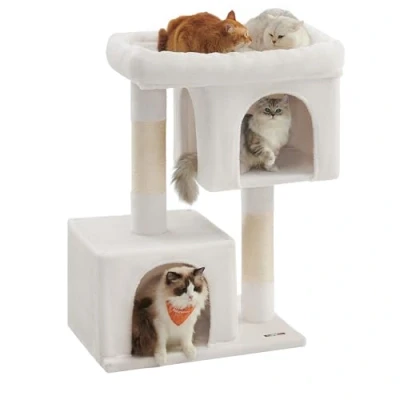 Abbildung von Feandrea Kratzbaum, 101 cm Katzenbaum, XL, Katzenhaus für extra große Katzen bis zu 20 kg, Plattform, 2 Katzenhöhlen, Sisalstämme, cremeweiß PCT614T01