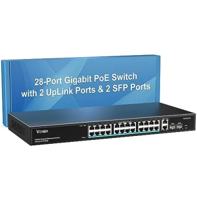 Abbildung von VIMIN 24 Port Gigabit PoE Switch Unmanaged mit 2 Uplink Ports &amp; SFP, 28 Power Ethernet 320W Hochleistung, Unterstützung von IEEE802.3af/at, VLAN, Rackmontage
