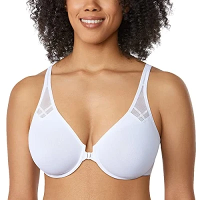 Abbildung von DELIMIRA Damen Vollschalen Vorderverschluss Seamless BH mit Bügel Ungepolster BHS Große Brüste Racerback Weiss 95G