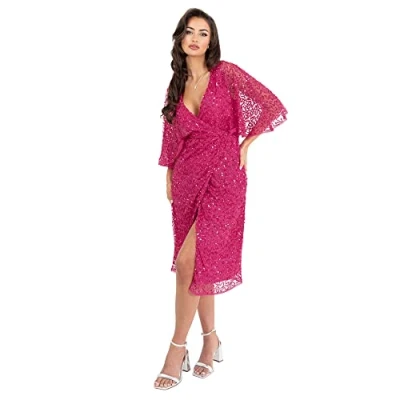 Abbildung von Maya Deluxe Damen Womens Midi Dress Ladies Sequin Embellished Cape Sleeve Wrap for Wedding Guest Bridesmaid Cocktail Prom Evening Kleid, Fuchsia,