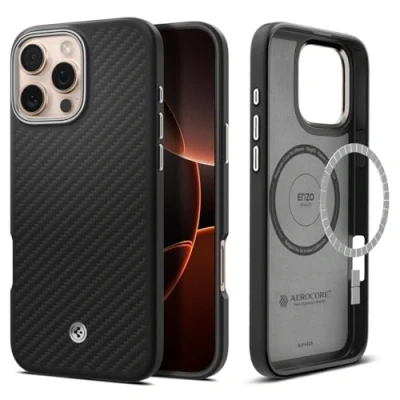 Abbildung von Spigen für iPhone 16 Pro Hülle [Kevlar 1500D Schutz] Enzo Aramid MagFit Aramidfaser Dünn Slim Stoßfest Schutzhülle Case Handyhülle Kompatibel mit MagSafe Black Silver