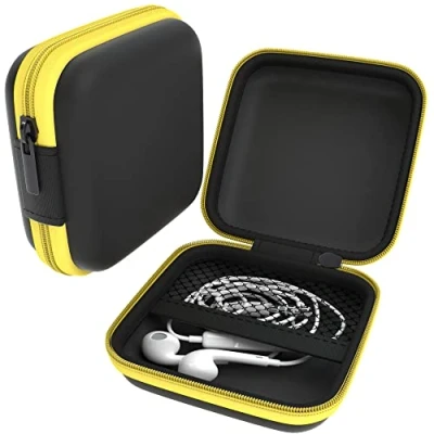 Abbildung von EAZY CASE Universal Tasche für In Ear Kopfhörer mit Netzfach Hardcase Aufbewahrungsbox, Schutztasche umlaufenden Reißverschluss, extra klein, eckig, Gelb