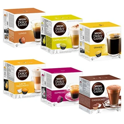 Abbildung von Nescafé Dolce Gusto Kapseln Basic Set: Lungo, Cappucino, Latte Macchiato, Espresso, Chococino, Crema Grande, 6 x 16 Kapseln, 986,4g