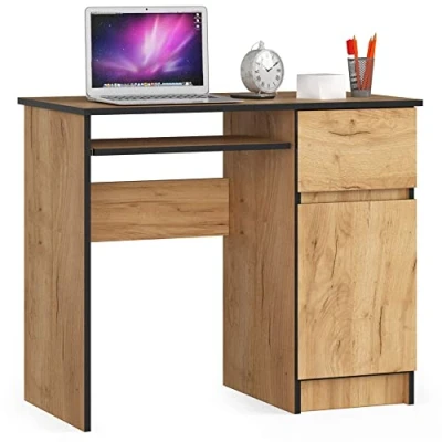 Abbildung von AKORD Piksel Schreibtisch Klein mit Schubladen Computertisch Bürotisch Tastaturablage Schublade und Fach Tür Holz Deko B90 x H77 T50 cm 30 kg Schrank Rechts Handwerk Eiche