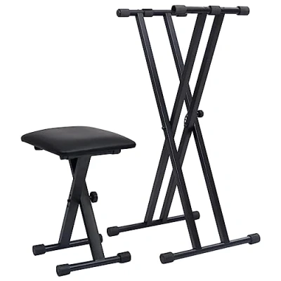 Abbildung von vidaXL Doppelstrebiger Keyboardständer Hocker Set Keyboardbank Keyboardstativ E Piano Klavierständer Keyboard Ständer Stativ Schwarz