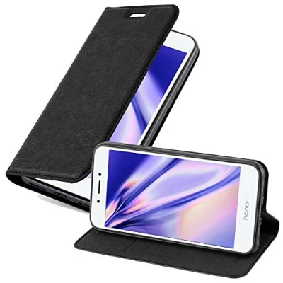 Abbildung von Cadorabo Hülle kompatibel mit Honor 6A aus Premium Kunst Leder Flip Klappbare Stoßfeste Magnetische [Standfunktion] [Kartenfächern] Cover für Tasche in Schwarz