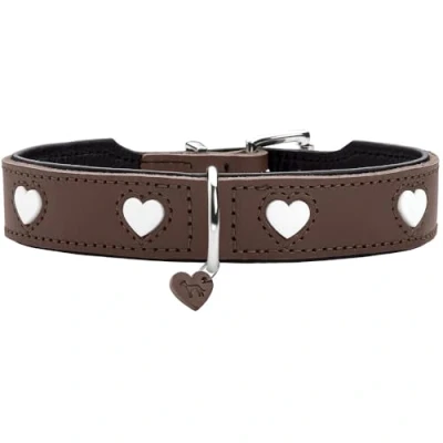 Abbildung von HUNTER Hundehalsband Love, Farbe: braun/schwarz, weiches, Robustes Rindsleder, einzeln eingenähte Herzen, handgefertigt, hoher, besonders anschmiegsam, Made in Germany, Größe 37