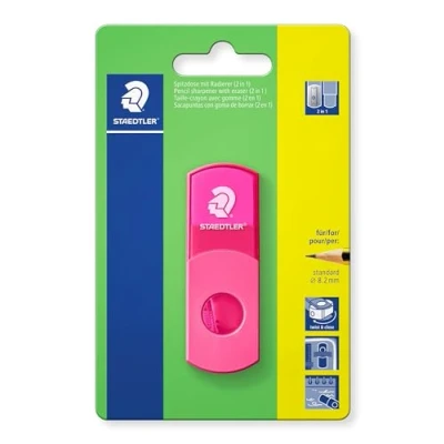 Abbildung von STAEDTLER Spitzdose mit Radierer, neon pink, phthalat und latexfrei, für Stifte im Standardformat, wiederverschließbar, 2 in 1 Spitzer auf Blisterkarte, 511SEF20BK