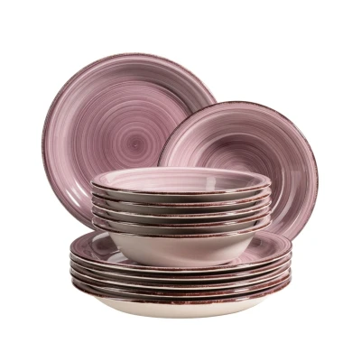 Abbildung von MÄSER 931951 Bel Tempo II, Teller Set für 6 Personen im modernen Vintage Look, 12 teiliges Tafelservice, handbemalt Lila Farbton Berry, Steingut