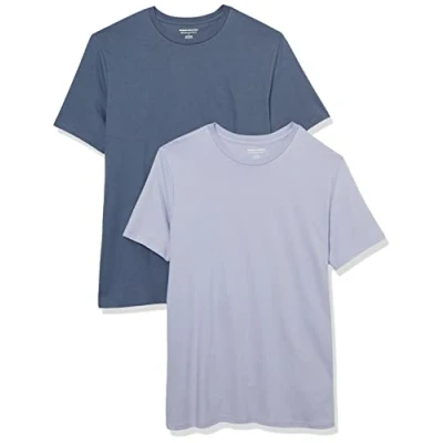 Abbildung von Amazon Essentials Herren T Shirt mit kurzen Ärmeln und Rundhalsausschnitt in schmaler Passform, 2er Pack, Lavendel/Verwaschenes Blau, XS