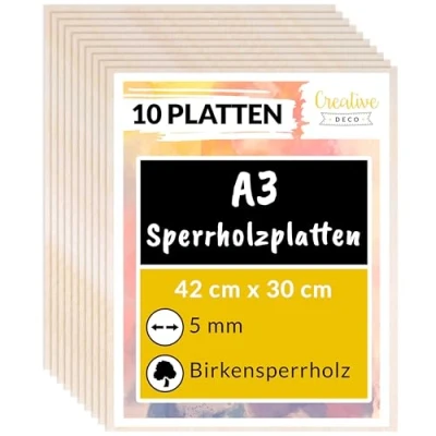 Abbildung von Creative Deco 10 x A3 Sperrholzplatte 5mm Birkensperrholz 420 300 (+/ 2) mm Dünne Holz Zuschnitte Perfektes Blatt für Laubsäge, Brandmalerei, Laserschnitt, CNC Router, Durchbrochenes