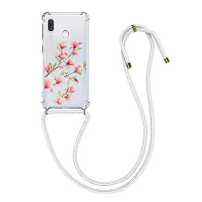 Abbildung von kwmobile Necklace Case kompatibel mit Samsung Galaxy A40 Hülle Silikon Cover Handykette Rosa Weiß Transparent Magnolien