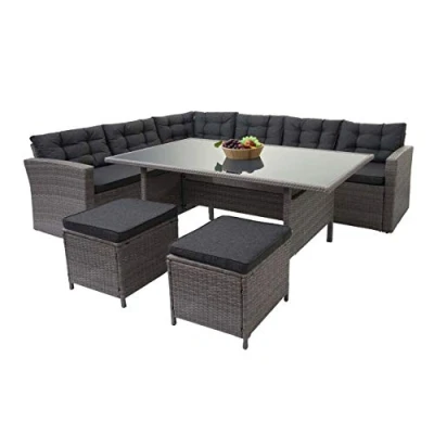 Abbildung von Mendler Poly Rattan Garnitur HWC A29, Gartengarnitur Sitzgruppe Lounge Esstisch Set Sofa + 2X Hocker grau, Kissen grau